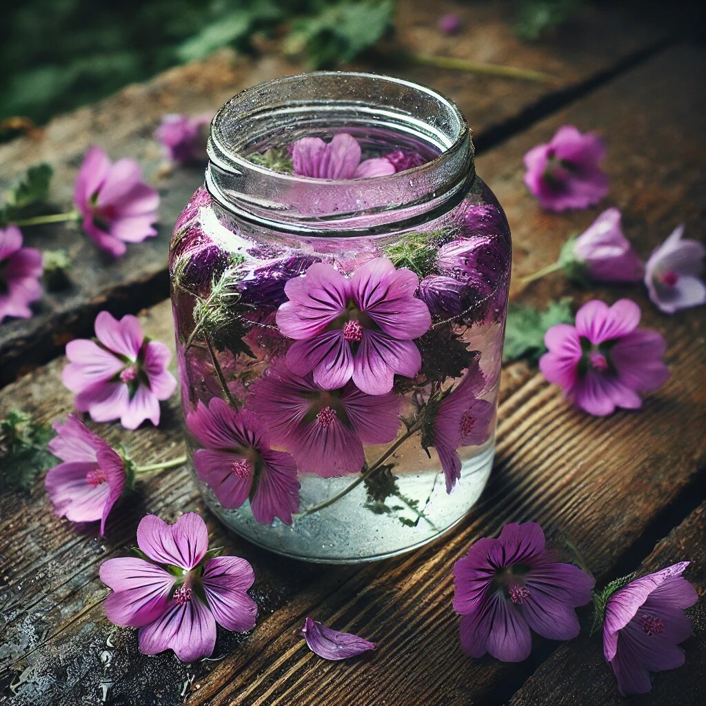 DALL·E 2024 08 14 11.37.00 A cold maceration of mallow flowers Malva sylvestris in water placed in a slightly weathered and imperfect transparent glass jar with a metal lid